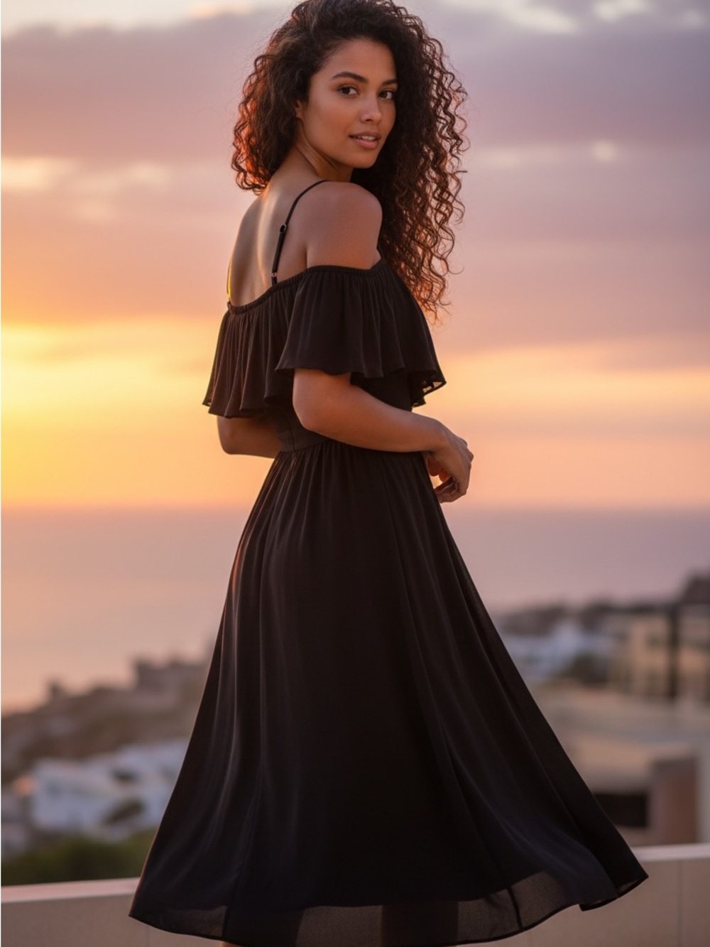 One-Shoulder Black Midi Dress with Ruffle Bodice